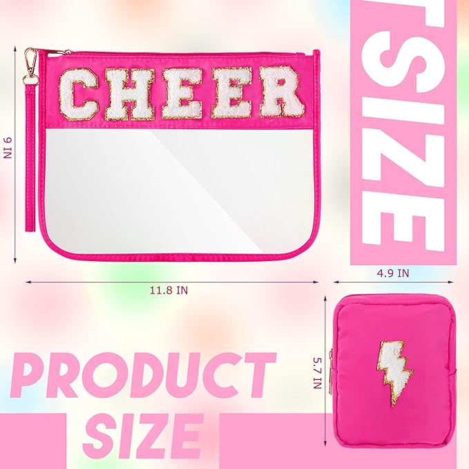 Hillban 2 Pcs Cheer Makeup Cosmetic Bag Cheerleader Team Gifts Clear Zipper Toiletry Pouch for Travel Chenille Letter Bag Pink Preppy Patch Purse PVC Waterproof Cheer Stuff Accessories for Women Girl
