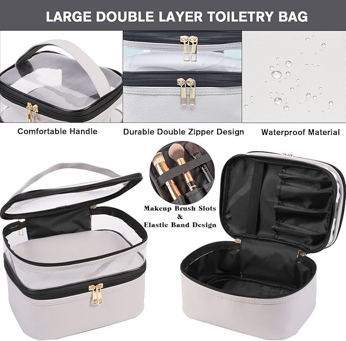 FITINI 3 Pieces Makeup Bags Double Layer Travel Large Cosmetic Cases Organizer Toiletry Bags Waterproof Small Zipper Pouch for Women Makeup Brush Storage Bag,Gray