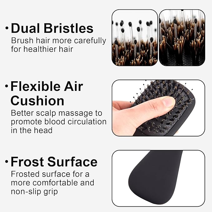 Mini Boar Bristles Hair Bursh, Travel Size Hair Brush for Women Men Kids, Protable Small Hair Brush for Pockets Purses, Mini Detangler Brush for Smooth Add Shine(Black)