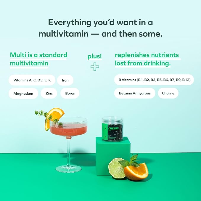 Cheers Multi | Multivitamin for Drinkers | Replenish Lost Vitamins from Drinking & Support Overall Health | 60 Doses | Choline, Betaine, Niacin, B-Vitamins | Daily Multivitamin Supplement