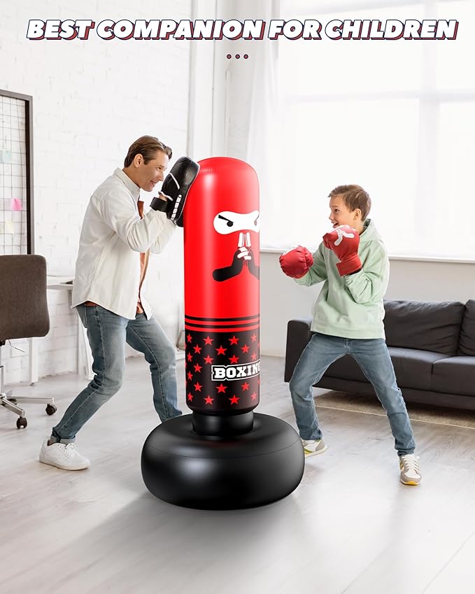 Inflatable Kids Punching Bag,Freestanding Boxing Bag with Gloves & Pump Kickboxing Training Set,Toddler Punching Dummy Toys Christmas Birthday Gifts for 3-5-8-12 Ages Boys Girls Karate MMA