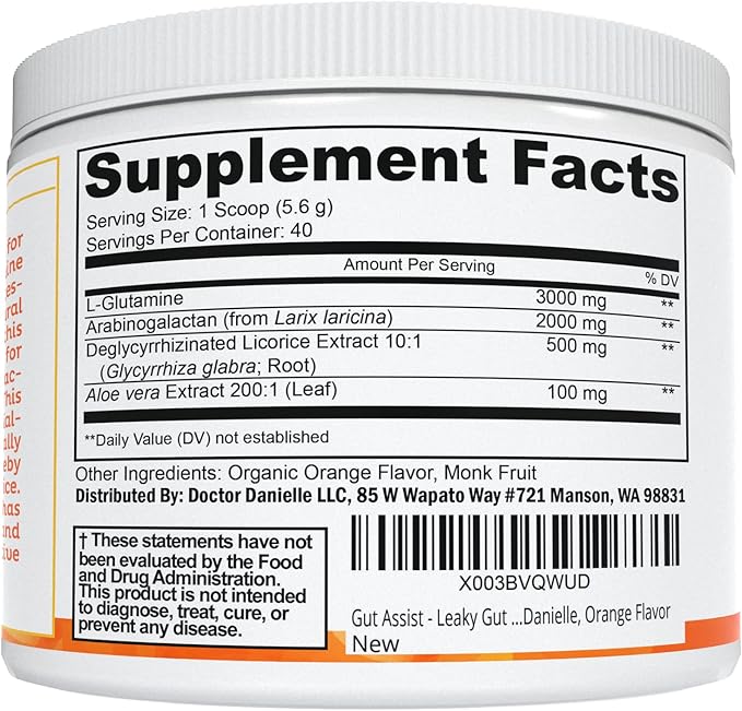 Doctor Danielle Gut Assist - Leaky Gut Repair Supplement Powder - Glutamine, Arabinogalactan, Licorice Root - Supports IBS, Heartburn, Bloating, Gas, Constipation, SIBO from, Orange Flavor