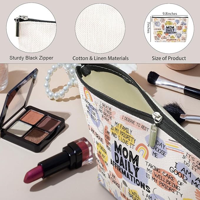 Daily Affirmations for Women Makeup Bag Mom Gifts Mom Stuff Mental Health Gifts Inspirational Gifts for Women Mother Mama Mommy Gifts for Mom from Daughter Son Birthday Mothers Day Travel Toiletry Bag