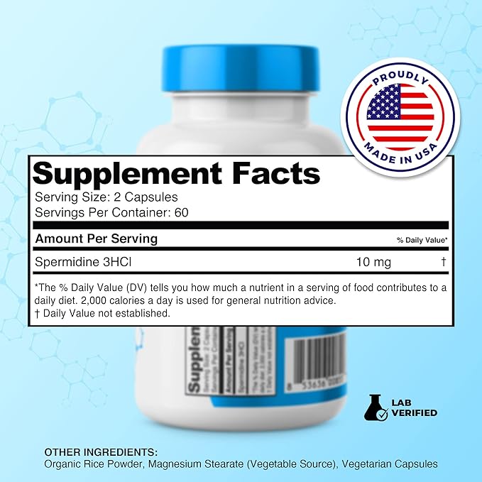Spermidine Capsules πππ¨π§ππ‘ ππ₯ππ 99% Concentration 100x More Potent Than Wheat Germ Extract for Anti-Aging DNA Telomere Support
