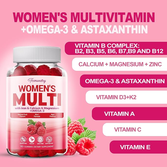 Sugar-Free Womens Multivitamin Gummies - High Absorption Multivitamin for Women Gummy with Omega-3, Astaxanthin, Calcium, Iron, Vitamin A, C, D3, K2, E, B6, B12 - Supports Skin, Hair, Energy, Immune