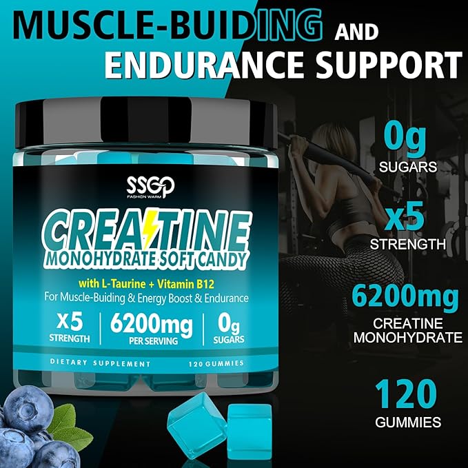 Creatine Monohydrate 6200 mg Soft Gummies for Men and Women - with Taurine and Vitamin B12, Enhances Energy -Muscular - Endurance - Vegetarian - Workout Supplement - Blueberry Gummies(120 Count)
