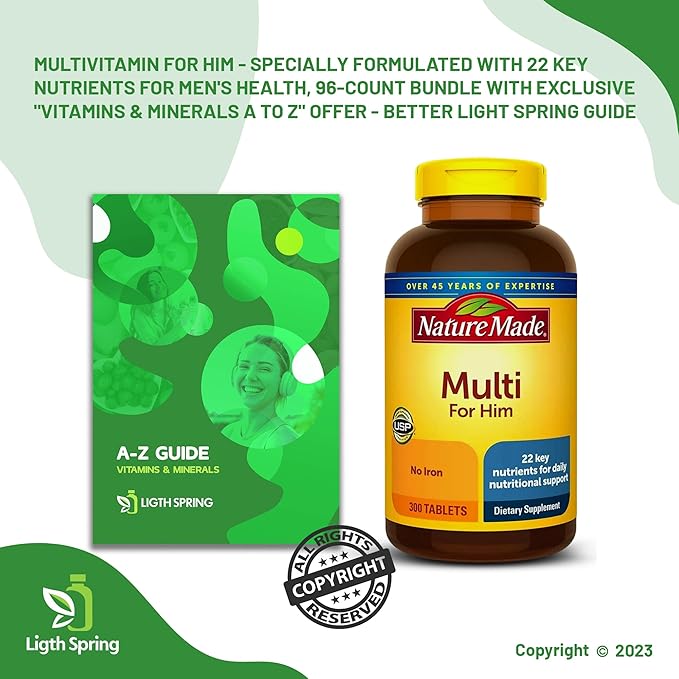 Multi for Him, 300 Count (2 Pack) with Bundle Exclusive Vitamins & Minerals - A to Z - Better Ligth&Spring Guide + Weekly Pill Organizer (4 Items)