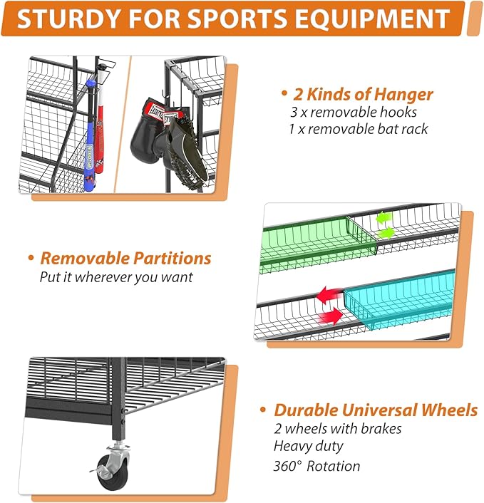 Gadroad Sports Equipment Organizer, Ball Rack, Gear & Ball Storage - Garage Organizer with Baskets, Hooks & Rolling Cart - Black