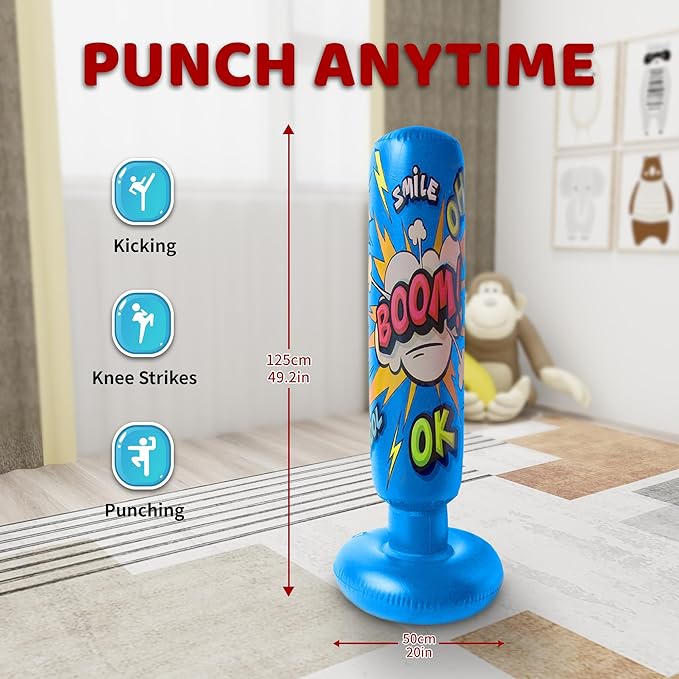 Baiao Punching Bag, Inflatable Kids Boxing Bag for Kids 3-12, Boxing Equipment for Child and Adults, Christmas, Birthday Gifts, Punching Bag Practice Karate, Taekwondo