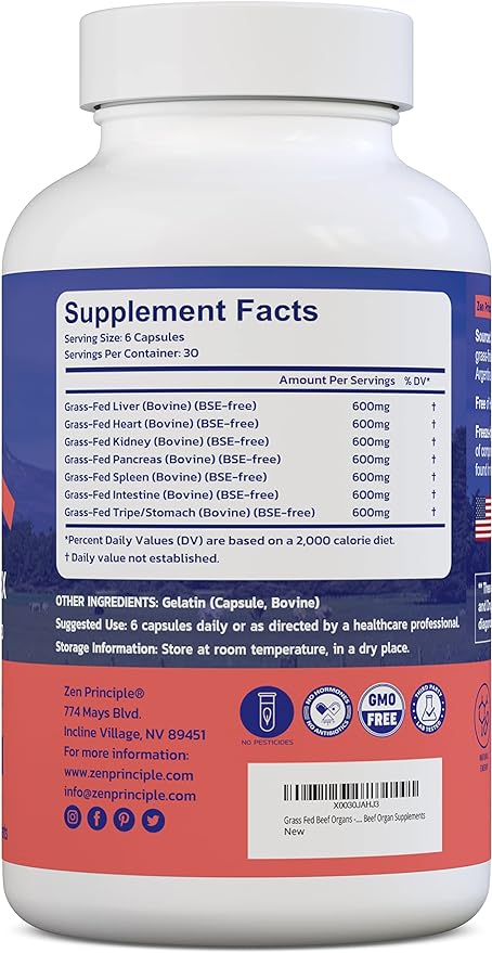 Zen Principle Grass Fed Beef Organs - Desiccated Liver, Heart, Kidney, Pancreas, Spleen, Intestine, Tripe/Stomach. Beef Organ Supplements 2-Pack