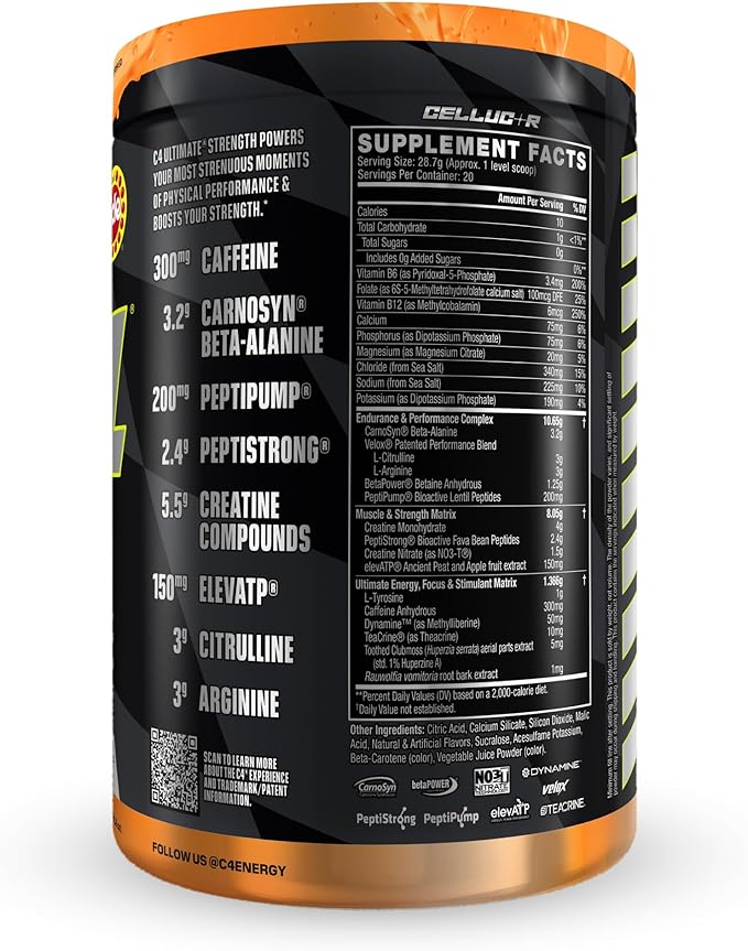 Cellucor C4 Ultimate Strength Pre Workout Powder - Tri-Stim Experience 300mg Caffeine+TeaCrine+Dynamine - Creatine & Beta-Alanine - Energy Supplement for Men & Women - Orange Popsicle, 20 Servings