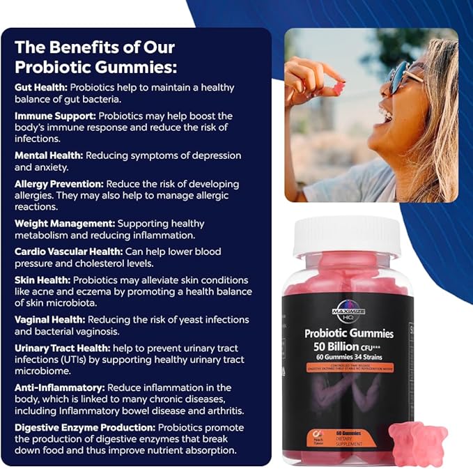 Probiotic Gummies - 50 Billion Probiotics - Time-Release Formula - Fruit Juice Extract - Gluten Free