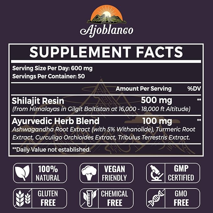 Ajoblanco 600mg Shilajit Pure Himalayan Organic Shilajit Resin - Himalayan Shilajit Resin with Organic Ayurvedic Blend in High Potency for Energy, Strength & Immunity, Pack of 4