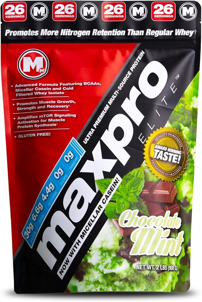 Max Muscle Maxpro Elite | 30g Protein | 6.6g BCAAs | Micellar Casein Cold Filtered Whey Isolate Protein Concentrate | Promotes Muscle Growth, Strength and Recovery (Chocolate Mint, 2lb)