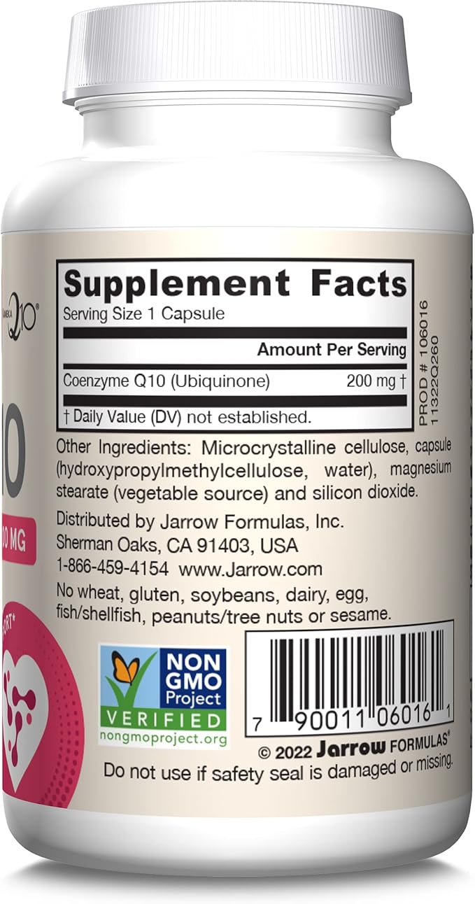 Jarrow Formulas Co-Q10, 200 mg, Antioxidant Support for Mitochondrial Health, Cellular Energy Production and Healthy Cardiovascular Function, 60 Veggie Capsules, 60 Day Supply