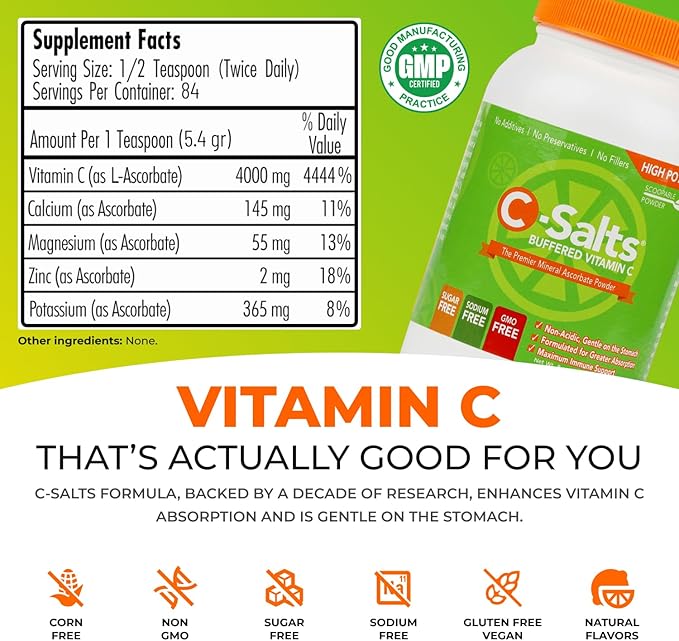 4000mg Vitamin C Powder Supplement - 100% Pure Buffered Powdered Drink with Ascorbate C - Potent Immune Support, Stomach-Friendly Absorption, Organic, Vegan, Sodium & Sugar-Free, Original 8oz