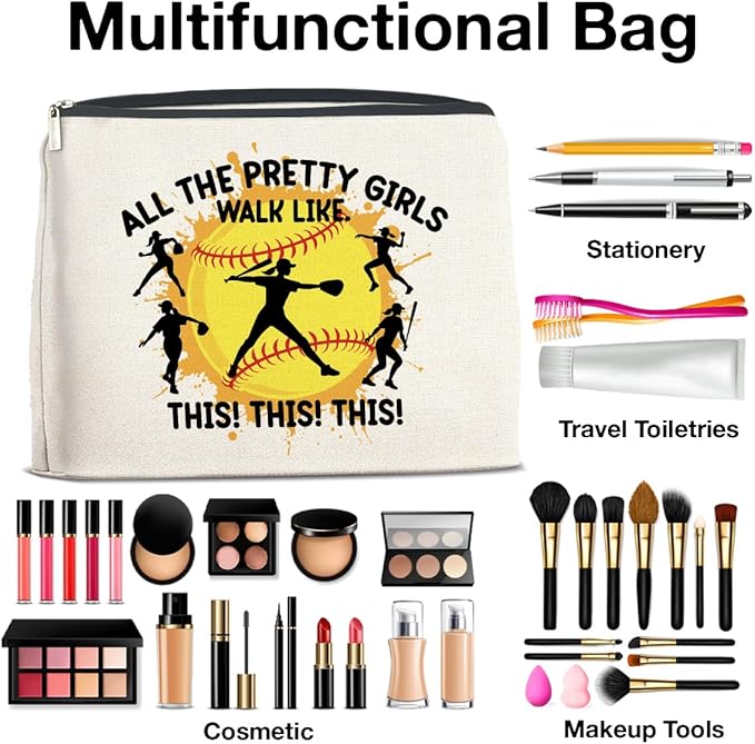 Softball Gifts for Girls Women - Makeup Bag, Player Gift - All the Pretty Girls Walk Like This - Cosmetic Bag Zipper Makeup Pouch