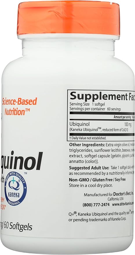 Doctor's Best Ubiquinol with Kaneka QH, Healthy Heart, Enhances Cellular Energy, Antioxidant, Non-GMO, Gluten Free, Soy Free, 100 Mg