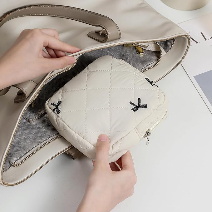 Small Quilted Cotton Makeup Bag for Purse, Cosmetic Bag with Compartments, Cotton Aesthetic Makeup Bag, Travel Toiletry Pouch, Key Pocket Lipstick Bag Card Holder Data Cable Organizer(06Beige Bow)