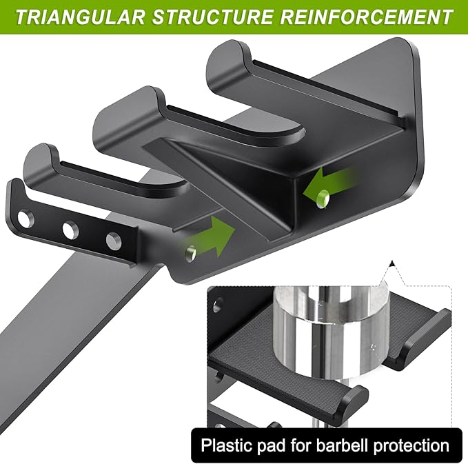 Wall Mounted Weight Plate Rack, Heavy Duty Olympic Barbell Holder & T Bar Row Landmine Attachment, 6 Hook Holes, 5 Pegs & 4 Barbell Storage, Space-Saving Home Gym Organizer