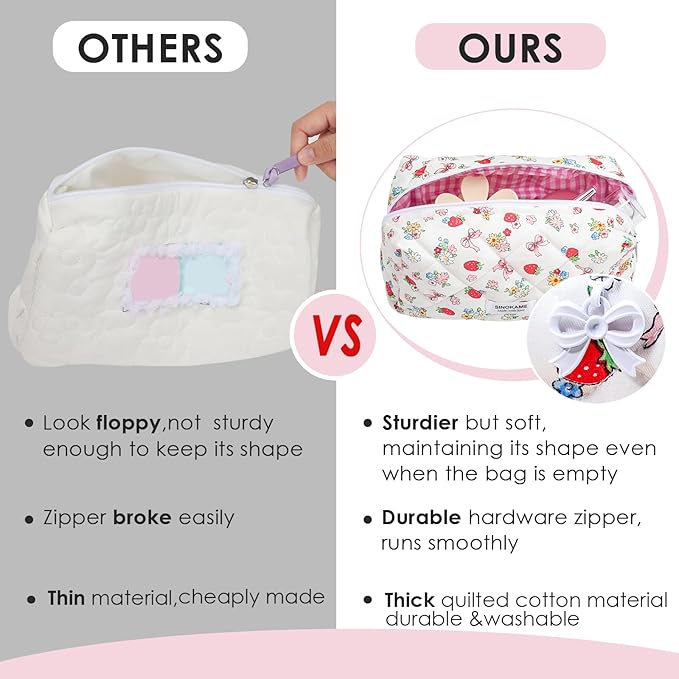 Quilted Makeup Bag, Handmade Strawberry Cosmetic Bag Pencil Case Coquette Aesthetic Floral Makeup Organizer Bag, Travel Skincare Toiletry Brushes Organizer(White Berries)