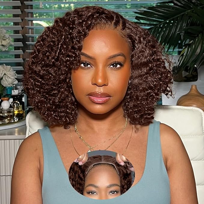 FABA Chocolate Brown Curly Wig Human Hair 7x5 Glueless Wigs Human Hair Pre Plucked Pre Cut 200% Density Brown Deep Wave Wig For Women #4 Short Curly Bob Wigs 8 Inch
