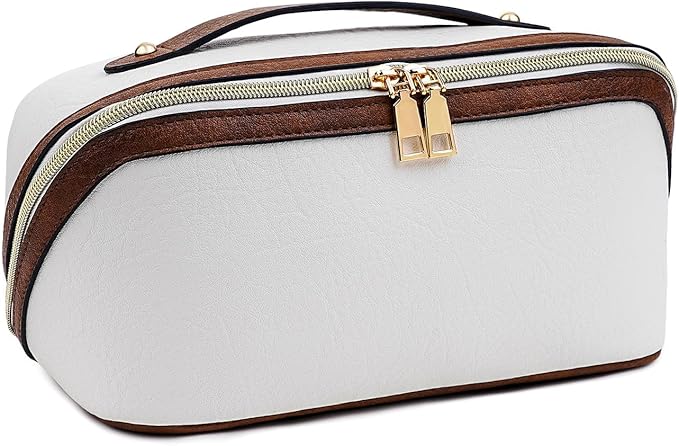 Stylish Makeup Bag Organizer Travel Case for Women Cosmetic Bag for Toiletries and Makeup Waterproof Leather Cosmetic Bag Perfect Fit Home or on the Go (B-White/Brown)