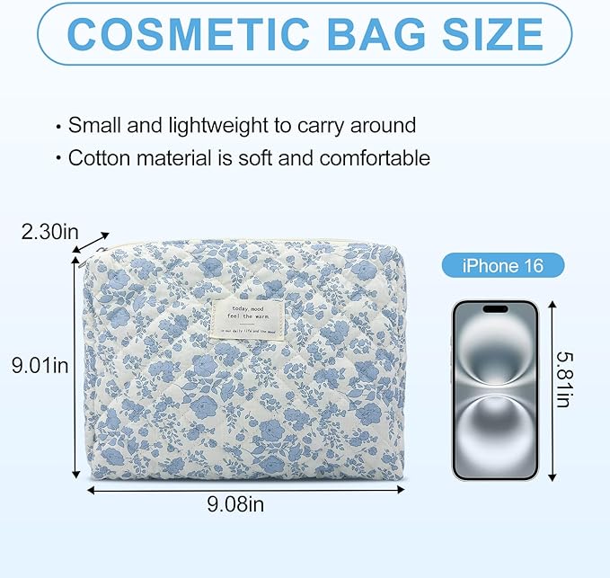 Quilted Makeup Bag,Medium Travel Floral Cosmetic Bag Cute Pouch,Cotton Makeup Brushes Storage Bag for Women