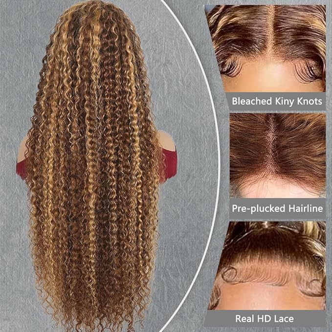 28inch Highlight Curly Lace Front Wigs Human Hair Balayage Brown Highlight 13X4 Deep Wave Wigs Human Hair Ombre Curly Wig #4/27 Colored Wigs for Women 180% Density