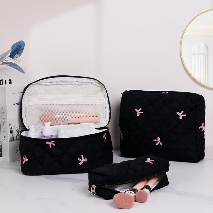3Pcs Cotton Quilted Makeup Bag Set,Large Floral Cosmetic Bag,Aesthetic Toiletry Travel Makeup Bag Set and Cute Flower Bag for Women Girls (Black Pink Bow)