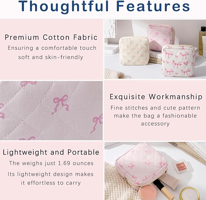 Small Quilted Cotton Makeup Bag for Purse, Cosmetic Bag with Compartments, Cotton Aesthetic Makeup Bag, Travel Toiletry Pouch, Lipstick Bag Card Holder Data Cable Organizer (11Small pink bow)