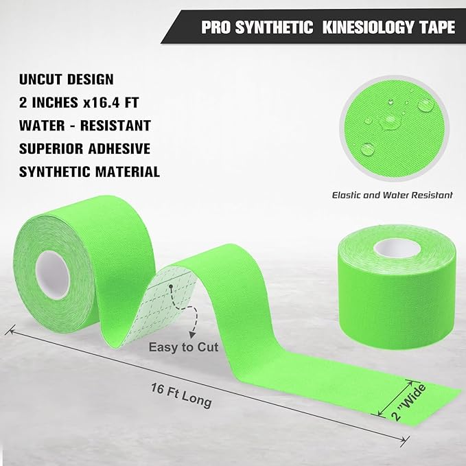 Pro Synthetic Kinesiology Tape 2 Rolls, Athletic Sports Tape for Muscle Joint Support, Pain Relief for Knee Elbow Wrist Ankle, 2 in x 16.4 Ft, Green
