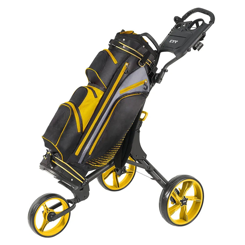 KVV 3 Wheel Golf Push Cart Ultra Lightweight Smallest Folding Size, New-Version Scorecard Holder