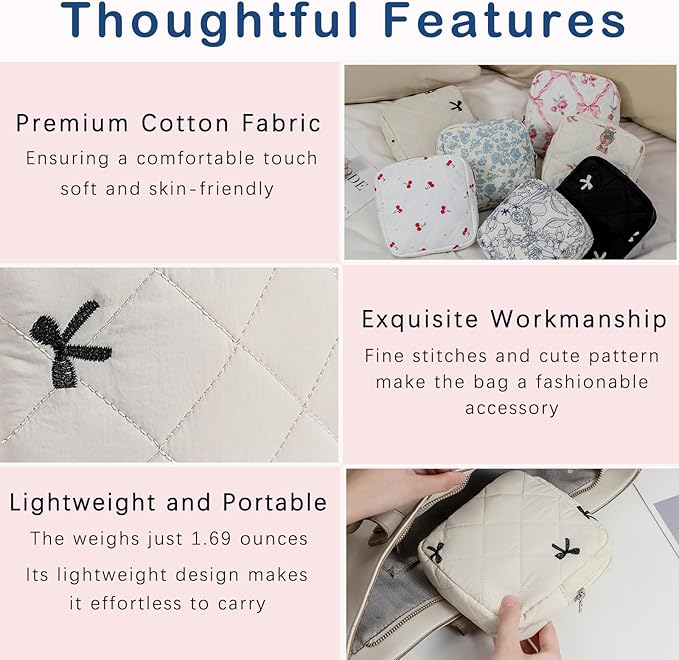 Small Quilted Cotton Makeup Bag for Purse, Cosmetic Bag with Compartments, Cotton Aesthetic Makeup Bag, Travel Toiletry Pouch, Key Pocket Lipstick Bag Card Holder Data Cable Organizer(06Beige Bow)