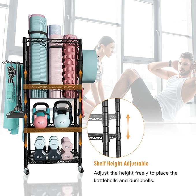 Home Gym Storage, 3 Tiers Workout Equipment Organizer with Wheels for Yoga Mats, Foam Roller, Dumbbells, Kettlebells, and Resistance Bands