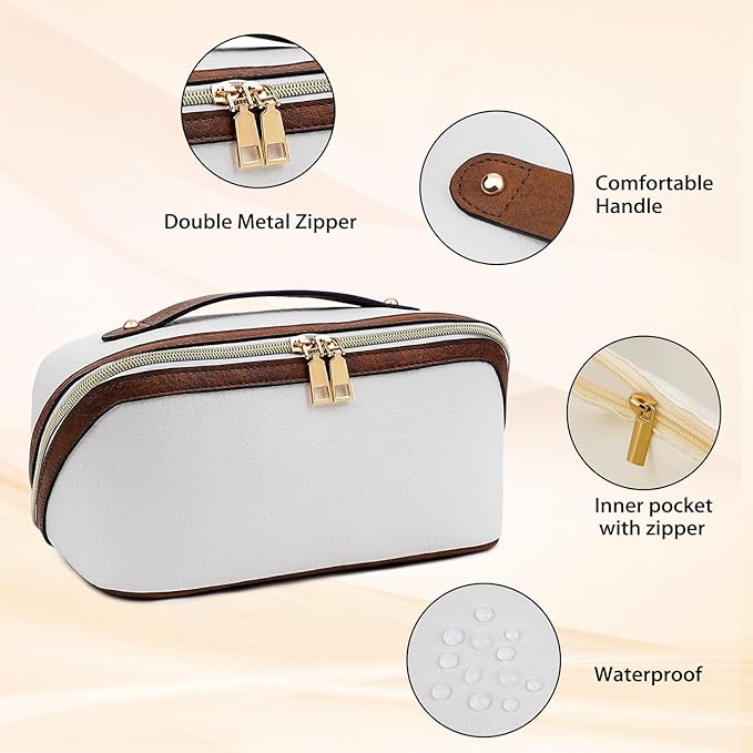 Stylish Makeup Bag Organizer Travel Case for Women Cosmetic Bag for Toiletries and Makeup Waterproof Leather Cosmetic Bag Perfect Fit Home or on the Go (B-White/Brown)