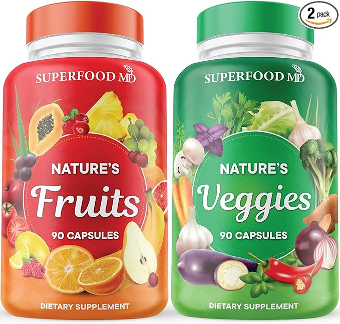 Superfood MD Fruits and Veggies Supplement - 90 Fruit and 90 Veggie Capsules - Supports Energy Levels, High Lycopene, Vitamins & Minerals -Made in The USA - 90 Count (Pack of 2)