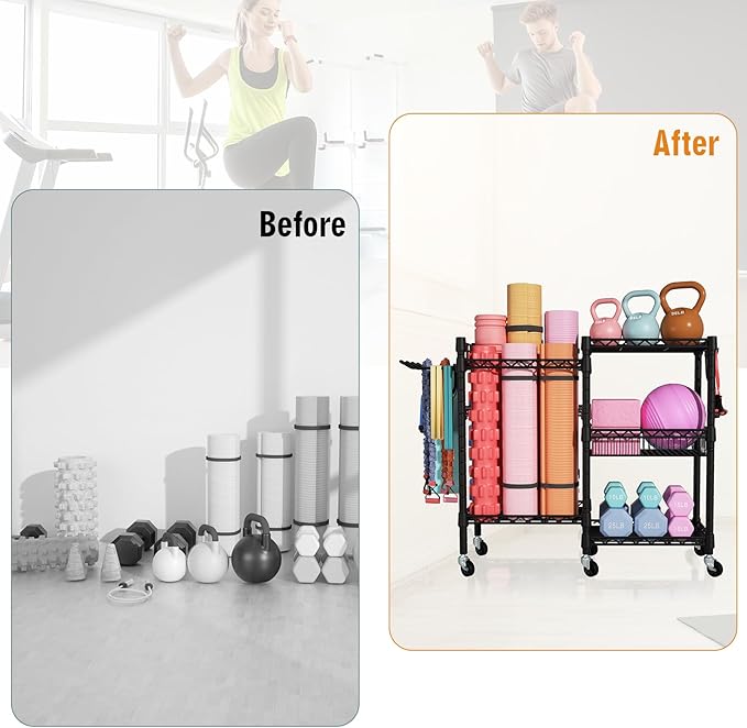 Home Gym Storage, 3 Tiers Workout Equipment Organizer with Wheels for Yoga Mats, Foam Roller, Dumbbells, Kettlebells, and Resistance Bands