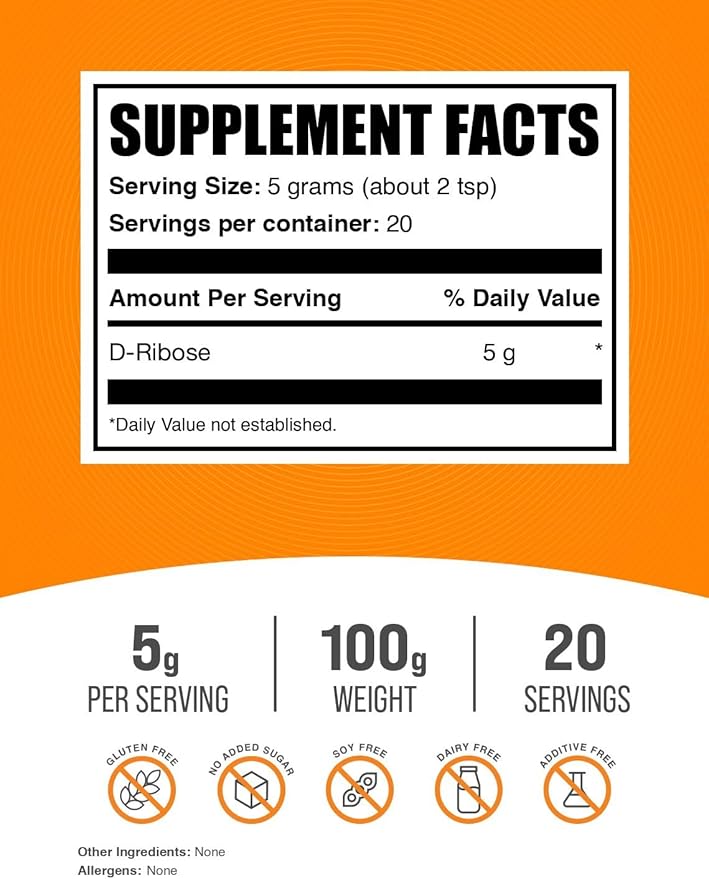 BulkSupplements.com D-Ribose Powder - D-Ribose Supplement, Ribose 5000mg, for Energy Support - Unflavored & Gluten Free, 5000mg per Serving, 100g (3.5 oz) (Pack of 1)