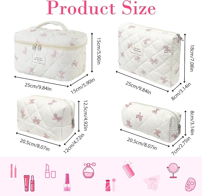 4 Piece Cute Pink Bow Quilted Makeup Bag Set, Large Capacity Travel Makeup Bags for Women and Girls, Includes Small, Small-Medium,Medium, and Large aesthetic makeup&Cosmetic Bags (4PCS-Pink Bow)