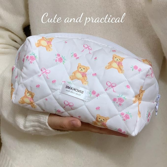 Cute Quilted Makeup Bag Pencil Pouch, Handmade Bow Floral Aesthetic Cosmetic Pencil Case Toiletry Brushes Organizer Bag for Women, Bear Core