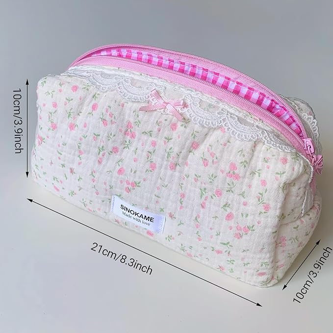 Handmade Cotton Quilted Floral Makeup Bag, Bow Small Cosmetic Bag Cute Coquette Fluffy Soft Reusable Toiletry Pouches Organizer, Reusable Washable Bags for Women Gifts(Springknows)