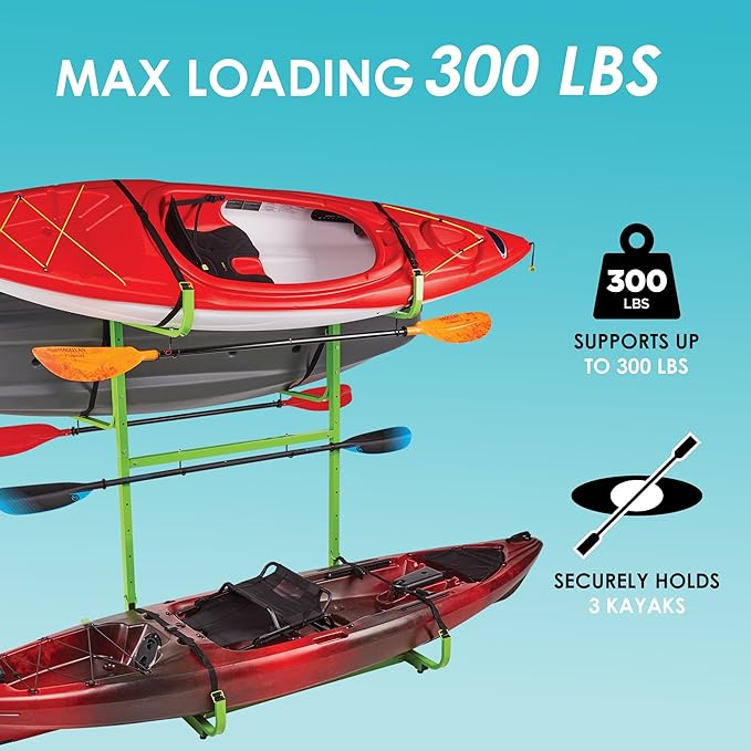Rockland Large Kayak Storage Rack, 300 LBS Capacity, Holds 3 Kayaks, 48"x56"x82", Heavy Duty Freestanding Stand Kayak Rack for Canoe, SUP, Paddleboard, Indoor Garage & Outdoor Use, DIY-Friendly