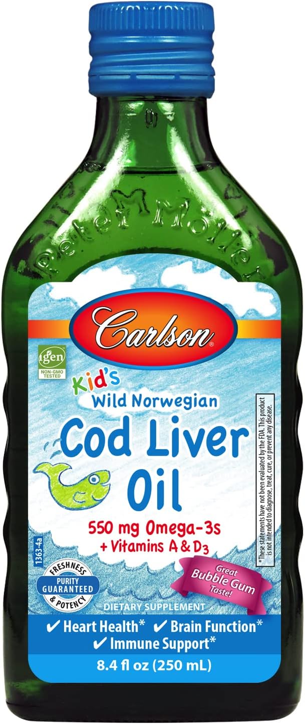 Carlson - Kid's Cod Liver Oil, 550 mg Omega-3s, Vitamins A & D3, Wild Norwegian, Bubble Gum, 250 mL
