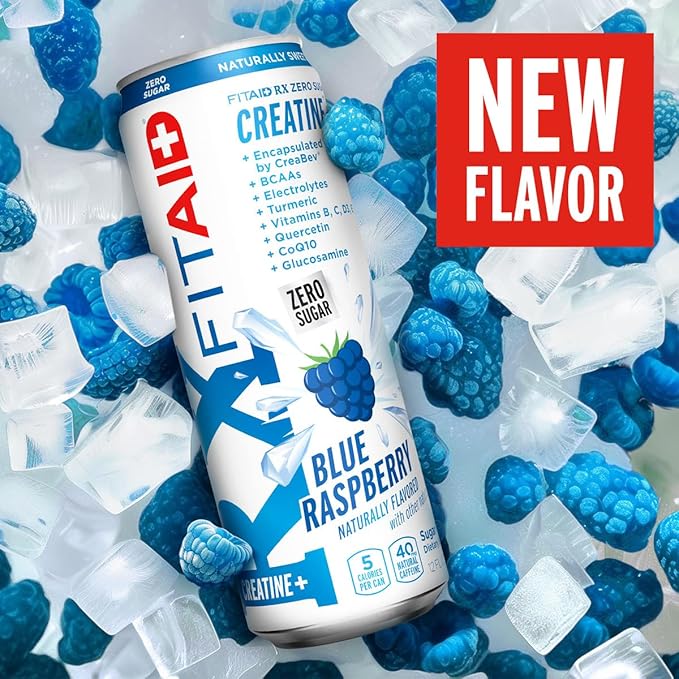 FITAID RX Zero Sugar, Encapsulated Creatine, Workout Recovery Drink, All-In-One Blend, BCAAs, Glucosamine, Turmeric, B-Complex, Electrolytes, Blue Raspberry, 12 Fl Oz (Pack of 24)