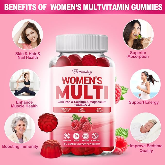 Sugar-Free Womens Multivitamin Gummies - High Absorption Multivitamin for Women Gummy with Omega-3, Astaxanthin, Calcium, Iron, Vitamin A, C, D3, K2, E, B6, B12 - Supports Skin, Hair, Energy, Immune