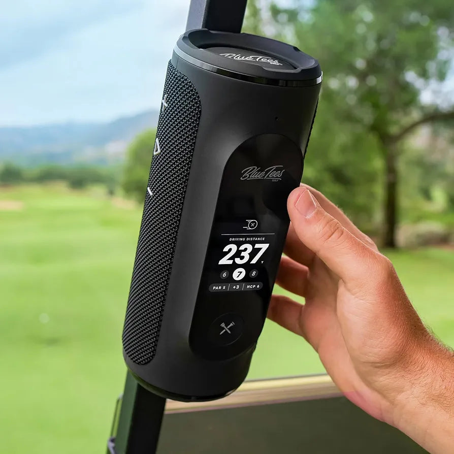 Blue Tees Golf Player+ GPS Speaker with Touch Screen Display, 10+ Hours Battery, 40,000+ Courses, Visual + Audible Distance, Hazard Distance - IPX7 Waterproof