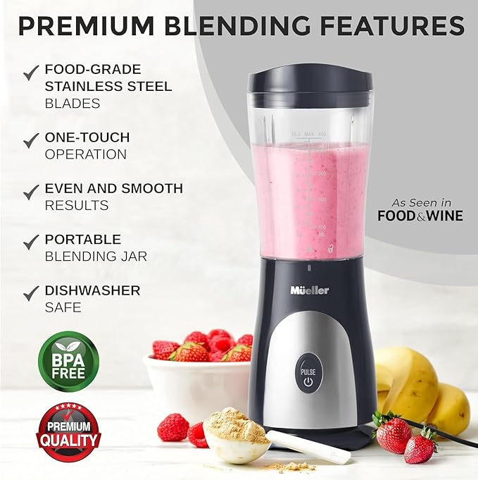 Mueller Smoothie Blender for Smoothies - Personal Blender for Shakes, Frozen Drinks, Baby Food & More, 15oz Travel Cup and Lid, Durable Stainless Steel Blades for Powerful Blending Performance