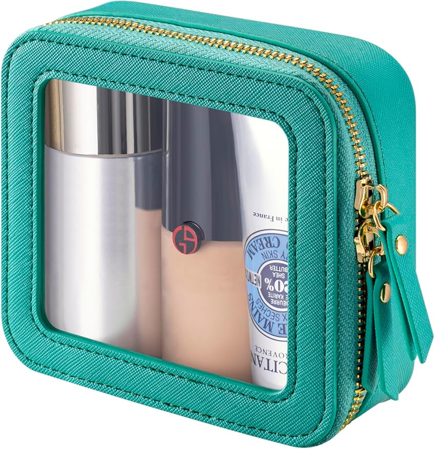 Mini Makeup Bag for Purse - Clear Travel Leather Toiletry Bag with Zipper - Car Organizer Bag - Small Waterproof Cosmetic Organizer Case for On-the-Go Essentials (Lake Green)