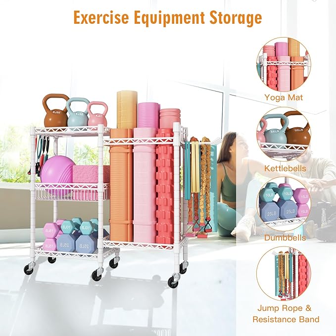 Home Gym Storage, 3 Tiers Workout Equipment Organizer with Wheels for Yoga Mats, Foam Roller, Dumbbells, Kettlebells, and Resistance Bands